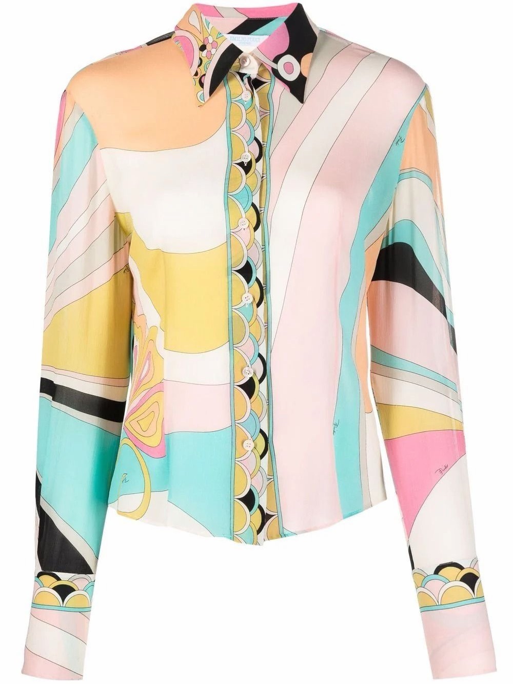 Vintage Emilio Pucci Silk Print Button Down Up Shirt Top Pink Aqua Blue y2k